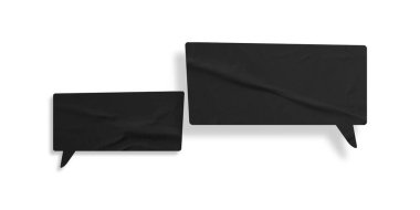 Beyaz arkaplanda izole edilmiş siyah buruşuk konuşma balonu kağıdı