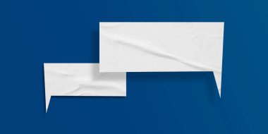 Beyaz konuşma balonu buruşmuş kağıt mavi arkaplanda izole edilmiş