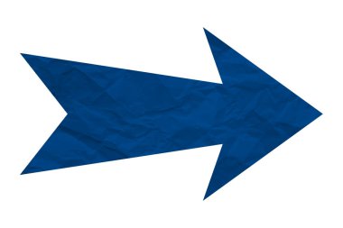 Mavi buruşmuş kağıt ok beyaz arkaplanda izole