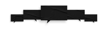 Beyaz arkaplanda izole edilmiş siyah buruşuk konuşma balonu kağıdı