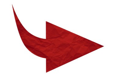 Kırmızı buruşmuş kağıt ok beyaz arkaplanda izole