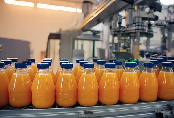 Modern bir içecek üretim tesisinde konveyör bandında portakal suyu şişeleri.
