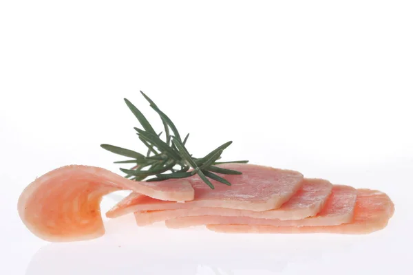 Varkensvlees Ham Plakjes Geïsoleerd Witte Achtergrond — Stockfoto