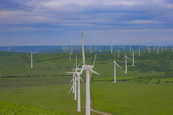 Windmills Aerial View Renewable Energy Large Wind Turbines Blades Field — Stock Photo, Image