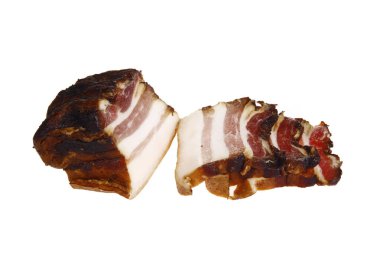 İtalyan jambonu mu İspanyol jamonu mu? Beyaz arka planda izole edilmiş kurutulmuş et.