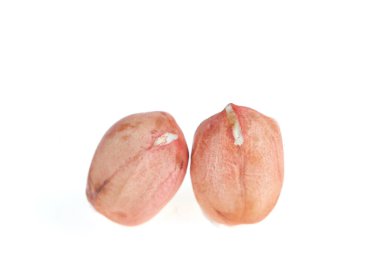 Soyulmuş fıstık çekirdekleri beyaz bir arka planda izole edilmiş.