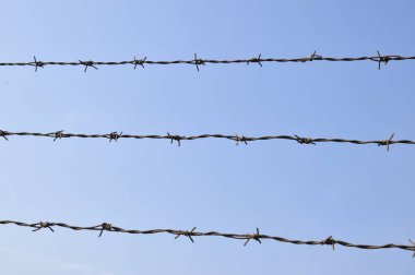 Paslı dikenli tel, mavi gökyüzü arkaplanı