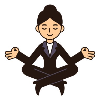 Çizgi filmdeki kadın Lotus pozunda meditasyon yapıyor. Beyaz arkaplanda izole edilmiş şirin vektör klibi resim çizimi.