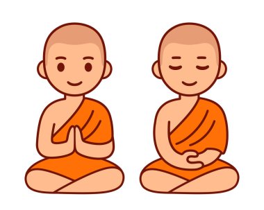 Turuncu cüppeli Budist keşiş meditasyonda oturuyor. Tatlı karikatür theravada keşişi meditasyon vektör çizimi.