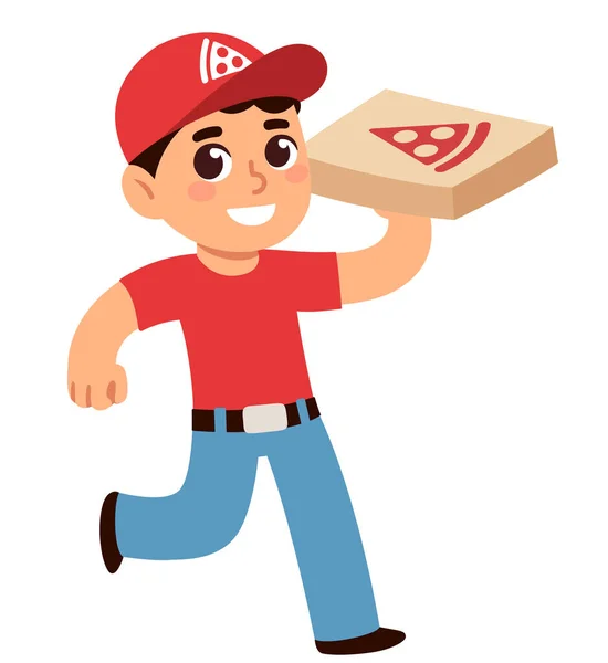 Leuke Cartoon Pizza Bezorger Met Pizza Doos Met Logo Eenvoudige — Stockvector
