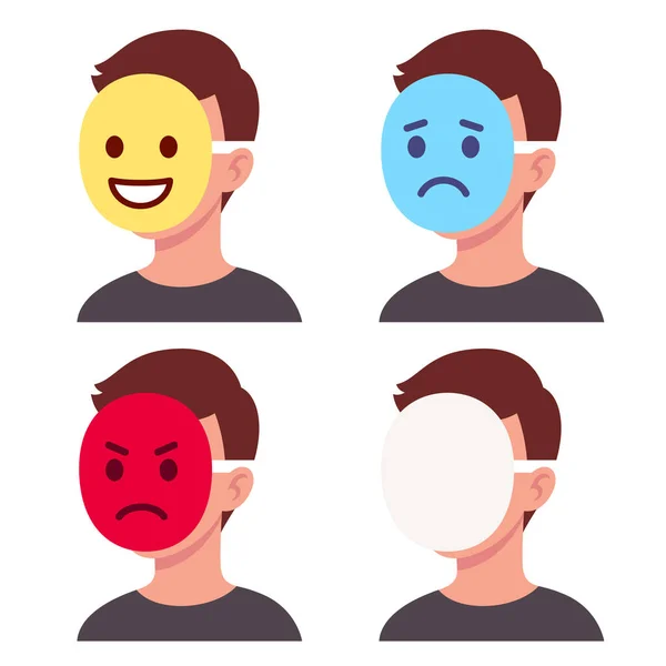 Person Mit Emoji Maske Die Das Gesicht Verdeckt Und Emotionen — Stockvektor