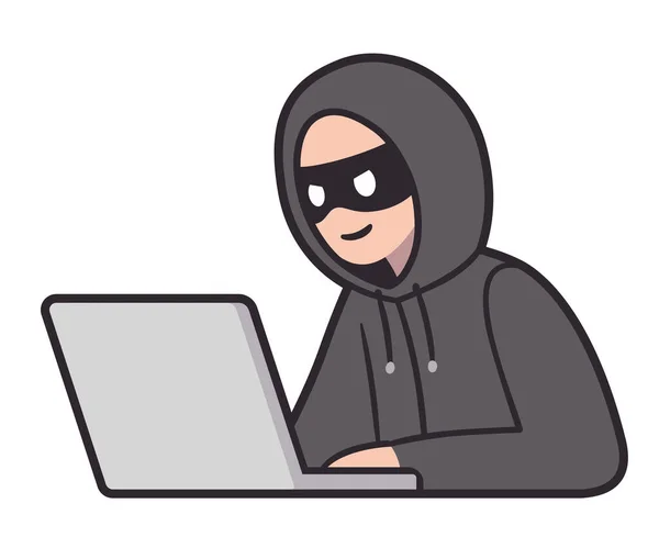 Hacker Dief Met Laptopcomputer Wachtwoorden Vertrouwelijke Gegevens Stelen Cyber Aanval — Stockvector