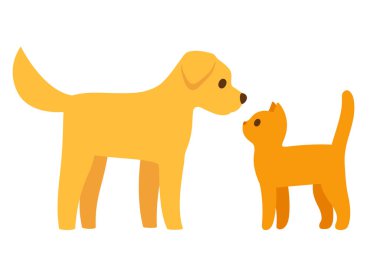 Çizgi filmdeki kedi ve köpek yüz yüze, basit düz çizgi film ikonu. Altın labrador ve zencefilli kedi. Sevimli vektör klipsi resim çizimi.