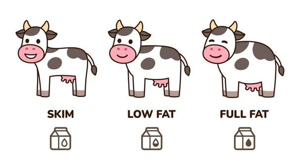 Legrační Ilustrace Dojnic Roztomilá Kreslená Tlustá Kráva Plnotučné Mléko Hubená — Stockový vektor
