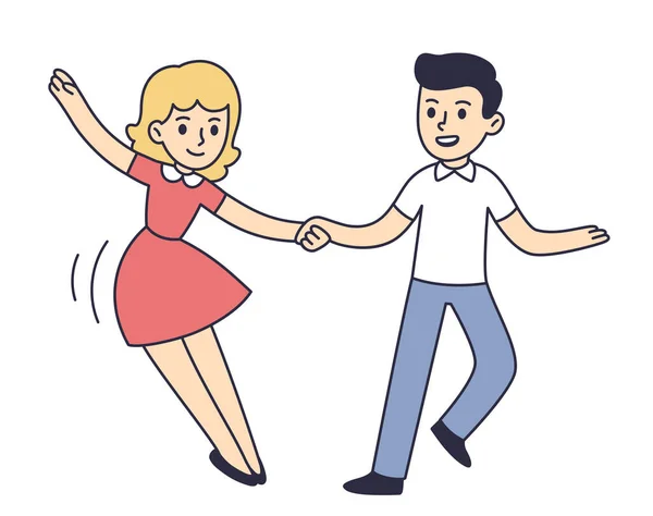 Kartun Lucu Pasangan Muda Menari Ayunan Tari Lindy Hop Ilustrasi - Stok Vektor