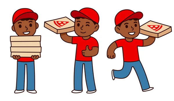 かわいい漫画黒ピザ配達少年は ピザのロゴとピザボックスを保持します シンプルなキャラクタードローイング ベクトルイラスト — ストックベクタ