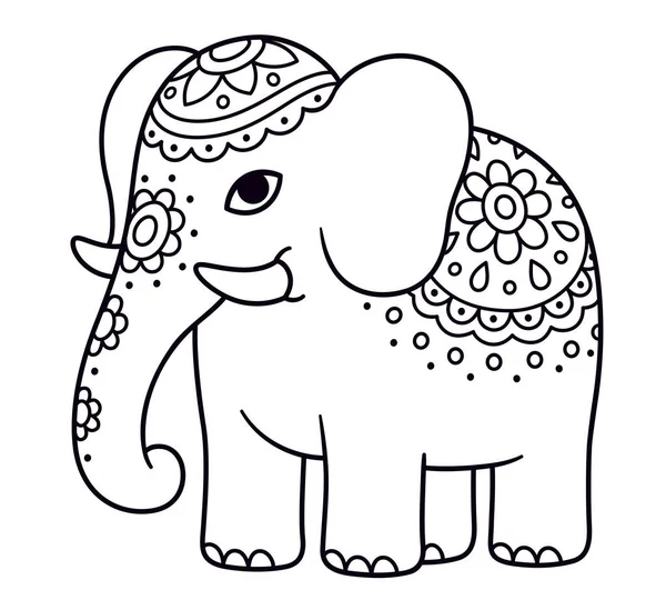 Roztomilé Kreslené Kreslené Sloní Čmáranice Indický Slon Malovanými Květinami Černobílé — Stockový vektor