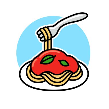 Spaghetti with tomato sauce and basil. Simple cartoon doodle icon. Classic Italian pasta dish, vector clip art illustration.