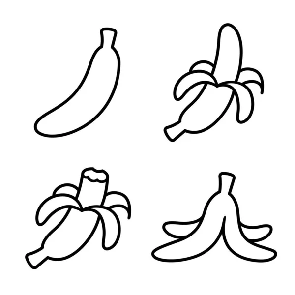 Icone Della Linea Doodle Banana Bianco Nero Buccia Intera Pelata — Vettoriale Stock
