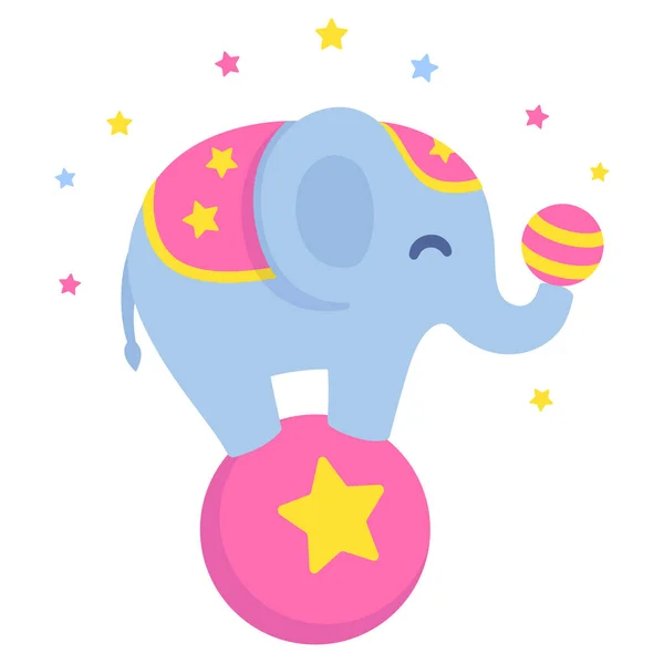 卡通马戏团的大象在大球上保持平衡 还在小球上玩杂耍 有趣的平面矢量剪贴画 — 图库矢量图片