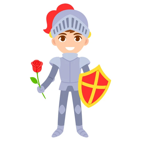 バラを持つ中世の騎士の衣装のかわいい漫画の少年 分離ベクトルクリップアートイラスト — ストックベクタ