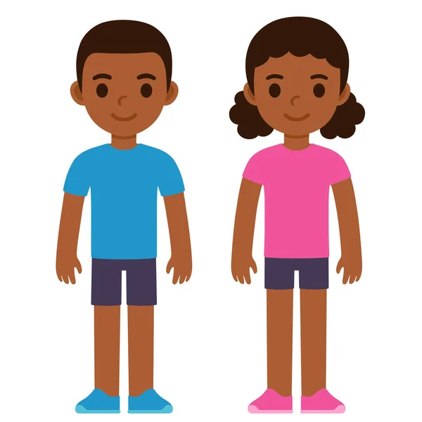 かわいい漫画青いシャツの黒い男の子とピンクのシャツの女の子 伝統的な性別の服の色の子供 シンプルなフラットベクトルイラスト — ストックベクタ