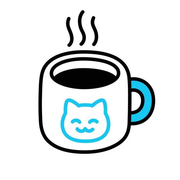 简单的涂鸦图标咖啡杯或茶杯与卡瓦猫的脸 可爱的卡通画早晨热饮画 手绘矢量图解 — 图库矢量图片