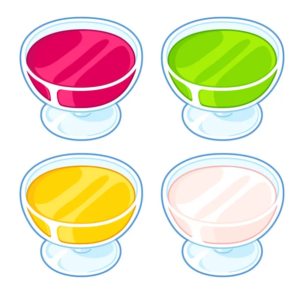 水果果冻甜点在玻璃杯中 不同的口味设置 卡通矢量图解 — 图库矢量图片