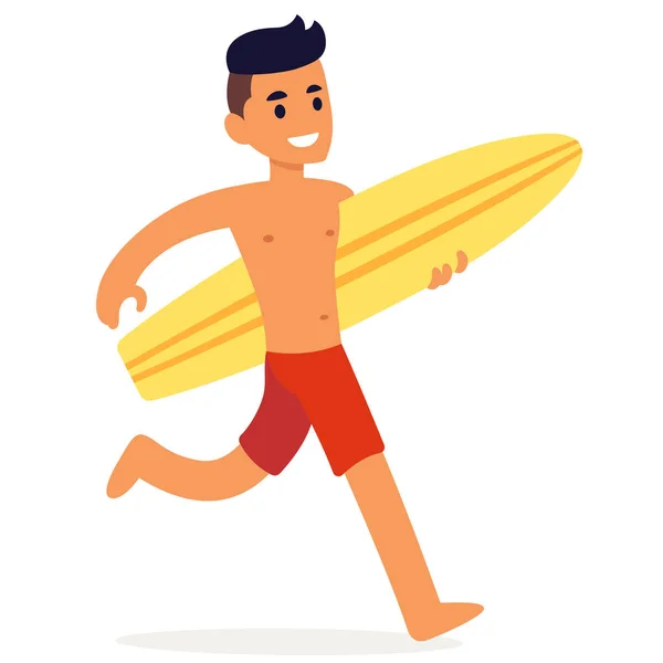 Sörf Tahtasıyla Koşan Havalı Bir Sörfçü Karakteri Sörf Tatili Plaj — Stok Vektör