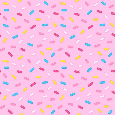 Parlak şeker serpintisiz desen serpiştirir. Pembe arka plan, donut jölesi ya da doğum günü pastası. Eğlenceli çizgi film vektör dokusu.