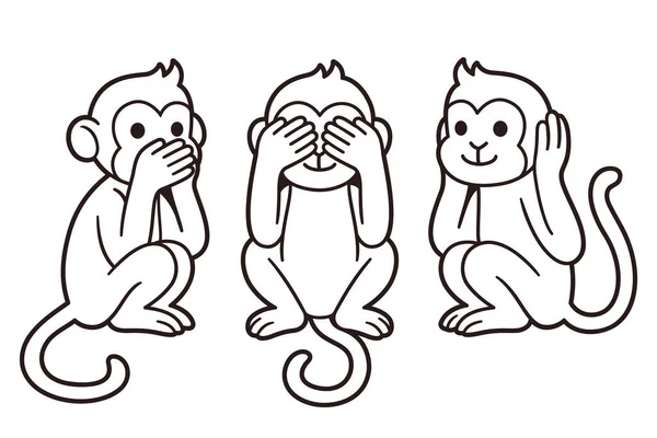 Tres Monos Sabios Línea Dibujo — Vector de stock