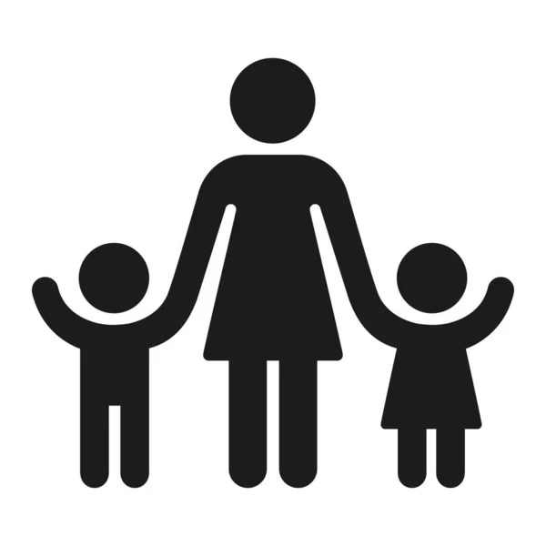 子供の姿のシルエットのアイコンを持つ大人 男の子と女の子の手を握っている女性 1人の親の家族か幼稚園の先生 ベクトル記号 — ストックベクタ