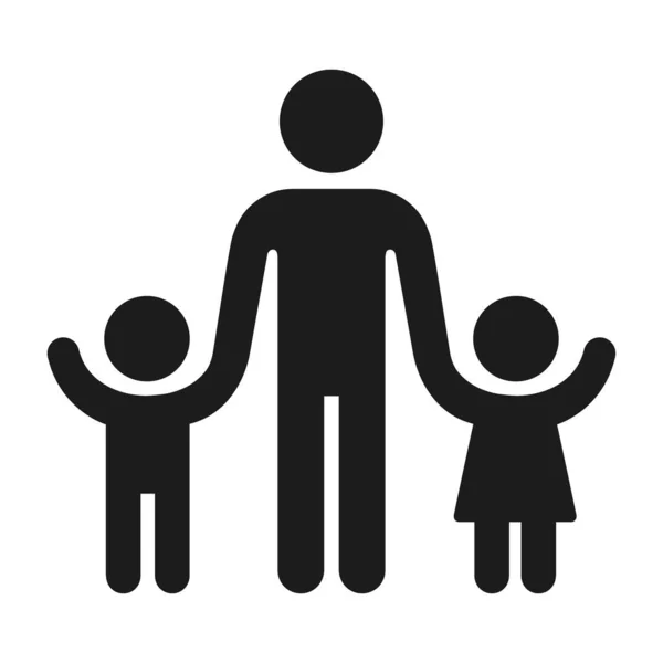 子供の姿のシルエットのアイコンを持つ大人 男は男の子と女の子の手を握っている 1人の親の家族か幼稚園の先生 ベクトル記号 — ストックベクタ