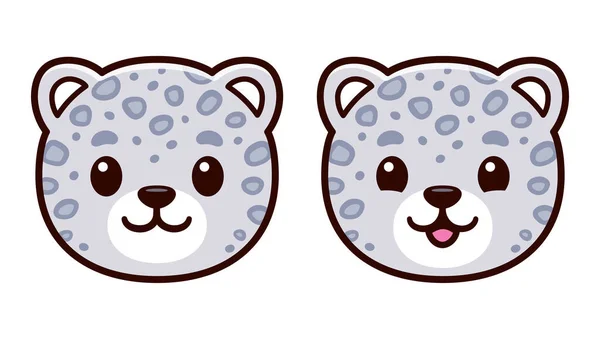 Netter Cartoon Schneeleoparden Gesicht Symbol Kawaii Baby Weißer Leopard Lächelnd — Stockvektor
