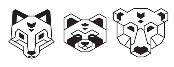 Stilizált Geometriai Állatfejek Medve Farkas Vagy Róka Mosómedve Poligonális Drótkeretben — Stock Vector
