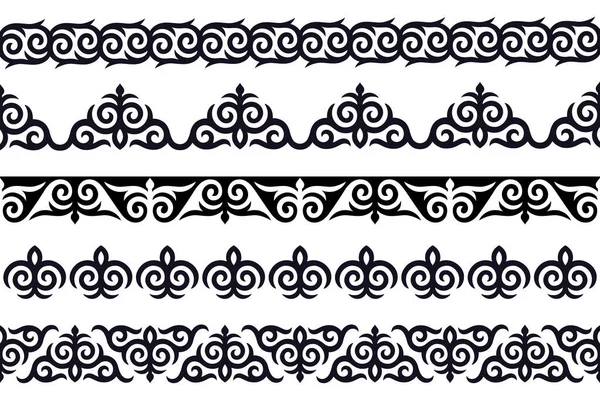 传统哈萨克语 吉尔吉斯语 乌兹别克语 无缝带或边框 黑白饰品 矢量设计要素 — 图库矢量图片