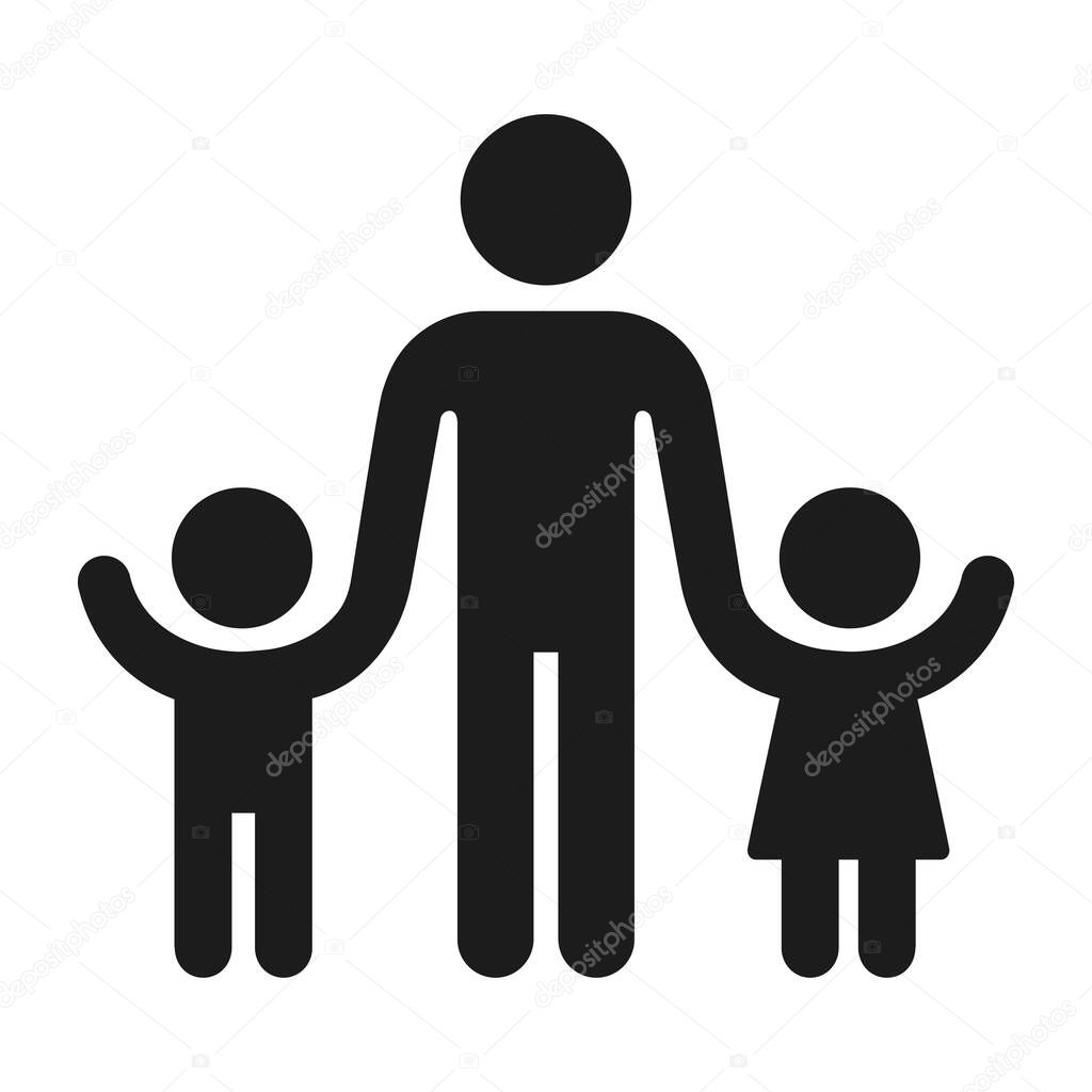 Adult with children figure silhouette icon. Man holding hands of boy and girl. One parent family or preschool teacher. Vector symbol.