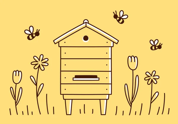 ビーハイブの落書き 花が付いている木製の蜂の家 かわいい漫画 ベクター クリップ アート イラスト — ストックベクタ
