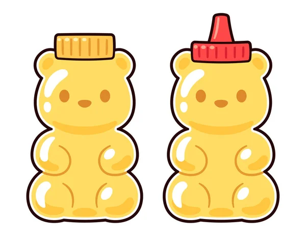 stock vector Two cute cartoon bear shaped honey bottles drawing. Animal packaging design. Vector clip art Illustration.