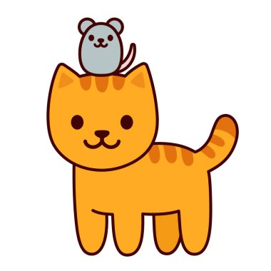 Çizgi film kedisi ve fare kawaii vektör çizimi. Küçük fareli kızıl kedi yavrusu, sevimli hayvan arkadaşları çiziyor..