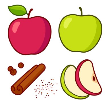 Elmalı turta malzemeleri seti. Yeşil ve kırmızı dilimlenmiş elma, tarçın çubuğu ve baharatlar. İzole edilmiş çizgi film vektör çizimi.