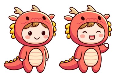 Kawaii küçük çocuk kırmızı Çin ejderhası kigurumi tulumu giymiş. Ayakta duran ve el sallayan sevimli çizgi film karakteri, vektör klipsi sanat çizimi.