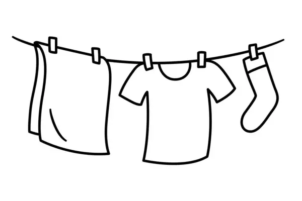 Одежда Висит Высохнуть Стиральной Линии Простой Рисунок Карикатуре Черно Белая Векторная Графика