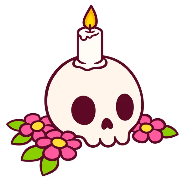 Карикатурный Рисунок Черепа Свечами Цветами День Мёртвых Украшений Симпатичная Вспышка Лицензионные Стоковые Иллюстрации