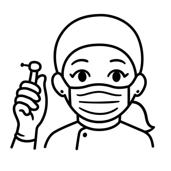 ドリルを持っているフェイスマスクでかわいい漫画の女性歯医者 黒と白のラインアートデッサン シンプルな手描きの落書き ベクタークリップアートイラスト ストックイラスト