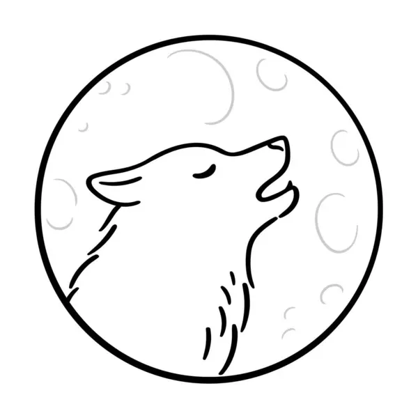 月のウルフハウリング 黒と白のラインアート描画 円のオオカミの頭部のプロフィールの単純な落書き ベクトルイラスト ストックベクター