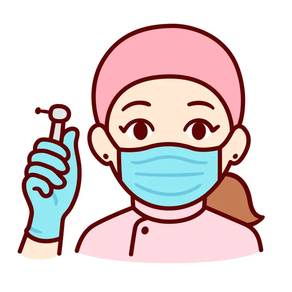 ドリルを持っているフェイスマスクでかわいい漫画の女性歯医者 シンプルな手描きの落書き ベクターキャラクタークリップアートイラスト ロイヤリティフリーのストックイラスト