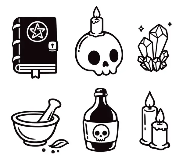 Cartoon Spooky Dark Magic Ritual Doodles Set Stok Ilustrasi 