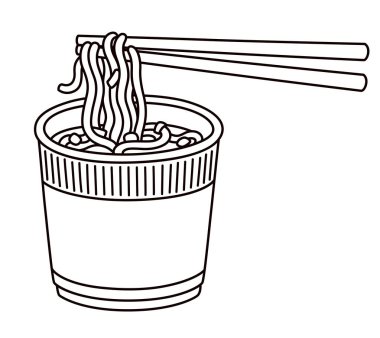 Anında şehriye kabı çizimi, siyah beyaz çizgi sanatı. Çubukla hazır ramen yemek. Çizgi film vektör illüstrasyonu.