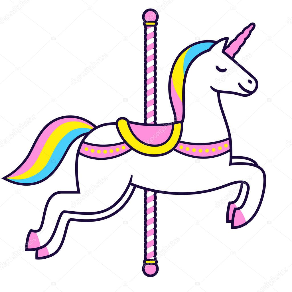Unicorn carousel horse isolated vector illustration. Cute cartoon white unicorn with rainbow sparkles.